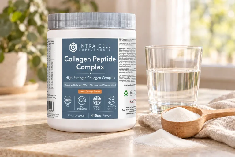 Collagen Peptide Complex tub beside a wooden scoop of white powder and a glass of water.