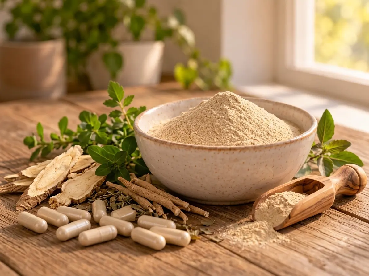 A bowl of powder, wooden scoop, capsules, dried roots and herbs on a linen-covered kitchen counter.