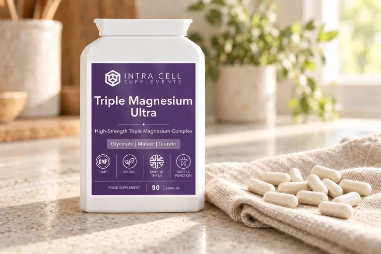 Triple Magnesium Ultra bottle with capsules resting on cream linen.