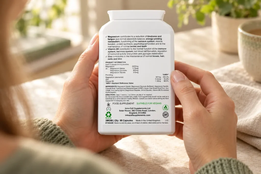 Hands holding a supplement bottle with its back label facing the reader.
